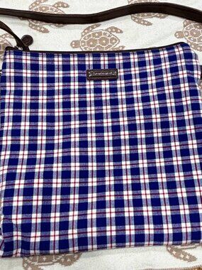 Longaberger blue and white plaid crossbody bag with brown strap - Vintage Rare